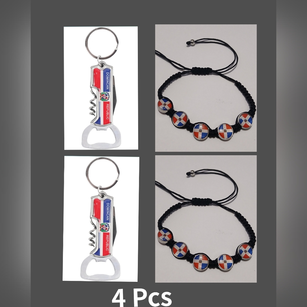 Handmade 🇩🇴 Flag  Black Adjustable Bracelet Dominican Rep & Key Holder 4 Pcs